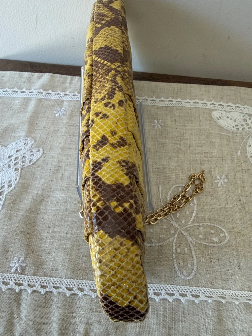 Antonio Melani Yellow/Brown Snakeskin Embossed Pleated Clutch/Shoulder Bag